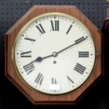 AN OCTAGONAL MAHOGANY WALL TIMEPIECE, 20TH C, WITH PAINTED DIAL AND FUSEE MOVEMENT, 40CM DIA,