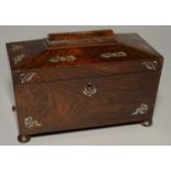 AN EARLY VICTORIAN ROSEWOOD TEA CHEST, C1840, OF SARCOPHAGUS SHAPE, INLAID IN MOTHER OF PEARL WITH