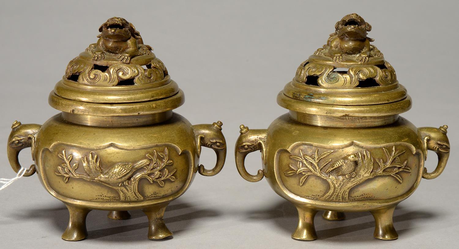 A PAIR OF JAPANESE MINIATURE BRONZE TRIPOD VESSELS (KORO) AND COVERS, MEIJI PERIOD, WITH ELEPHANT