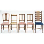 AN OAK LADDER BACK DINING CHAIR AND FOUR VARIOUS EARLY 20TH C INLAID MAHOGANY SALON CHAIRS Condition