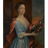 NORTHERN EUROPEAN SCHOOL, 18TH C -  PORTRAIT OF A LADY, THREE QUARTER LENGTH IN A BLUE DRESS HOLDING