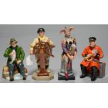 FOUR ROYAL DOULTON FIGURES COMPRISING JESTER, THE HELMSMAN, A GOOD CATCH AND PAST GLORY, VARIOUS