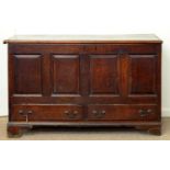 A GEORGE III MAHOGANY MULE CHEST, C1780, WITH FOUR RAISED AND FIELDED PANELS TO THE FRONT AND TWO