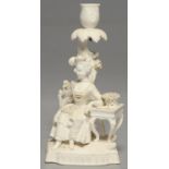 AN ENGLISH BISCUIT PORCELAIN CANDLESTICK FIGURE, POSSIBLY GEORGE COCKER'S DERBY MANUFACTORY,
