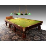 A VICTORIAN STYLE FULL SIZE BILLIARDS TABLE, SCORE BOARD, LIGHTS, CUES, REST, BALLS, ETC Condition