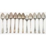 ELEVEN SCOTTISH SILVER TEASPOONS, LATE 18-19TH C, OAR, OLD ENGLISH AND POINTED OLD ENGLISH