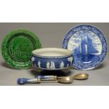 A WEDGWOOD DARK BLUE JASPER DIP PEDESTAL SALAD BOWL AND PAIR OF JASPER HAFTED EPNS SERVERS, C1900,