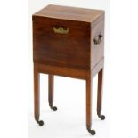 A VICTORIAN MAHOGANY AND LINE INLAID CELLARETTE AND STAND WITH SQUARE TAPERED LEGS AND BRASS