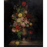 20TH C SCHOOL - FLOWERS IN A SCULPTED URN ON A STONE LEDGE, OIL ON CANVAS, 59.5 X 49CM Condition