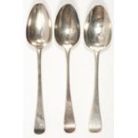 THREE GEORGE III/IV SILVER TABLESPOONS, OLD ENGLISH PATTERN, ALL LONDON, BY VARIOUS MAKERS, 1793,