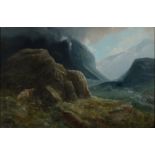 THOMAS FINCHETT (FL. LATE 19TH C) - MOUNTANEOUS LANDSCAPE NORTH WALES, SIGNED (IN RED), SIGNED