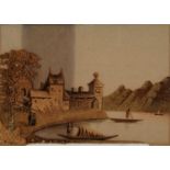 A PAIR OF 19TH C CORK PICTURES OF CONTINENTAL LANDSCAPES, INDISTINCTLY SIGNED, IN CONTEMPORARY