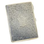 A VICTORIAN SILVER CARD CASE, ENGRAVED WITH FOLIAGE AND RESERVED WITH PRESENTATION INSCRIPTION DATED