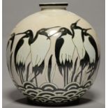 A KERALOUVE GLOBULAR EARTHENWARE STORKS VASE, RECENT MANUFACTURING, 29CM H, PRINTED MARK Condition