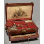 A REGENCY LEATHER COVERED WOOD WORKBOX, C1820, WITH EMBOSSED OR ENGRAVED BRASS MOUNTS AND LEOPARD'