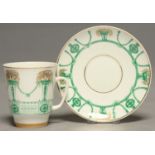 A SOVIET RUSSIAN PORCELAIN COFFEE CUP AND SAUCER, LOMONOSOV FACTORY, MID 20TH C, PRINTED IN BRIGHT