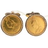 GOLD COINS. SOVEREIGN, VICTORIA, JUBILEE HEAD, TWO, MOUNTED IN A PAIR OF 9CT GOLD CUFFLINKS (