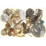 MISCELLANEOUS VINTAGE COSTUME JEWELLERY, A SILVER PILL BOX, THIMBLES, ETC Most items in good