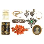 A VICTORIAN CORAL BROOCH, A 19TH C PORTRAIT MINIATURE OF A CHILD SET IN A GILTMETAL BROOCH, A