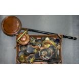 A QUANTITY OF VICTORIAN AND LATER PEWTER MEASURES, MARTINGALES AND OTHER BRASS WARE, A 19TH C COPPER