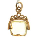 A 9CT GOLD AND FACETED CITRINE SWIVEL FOB SEAL, 34MM EXCLUDING GOLD SUSPENSION RING, BIRMINGHAM,