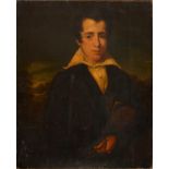 BRITISH SCHOOL, EARLY 19TH C – PORTRAIT OF A YOUNG ARTIST, HALF-LENGTH, IN A LANDSCAPE, INSCRIBED ON