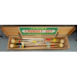 A JOHN JACQUES AND SON LIMITED CROQUET SET, COMPRISING FOUR MALLETS, SIX WHITE PAINTED IRONS, HOOPS,