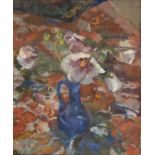 MARY JACKSON RWS, NEAC (1936-) - SNIPPETS OF HOLLYHOCKS, SIGNED WITH INITIALS, OIL ON BOARD, 24.5
