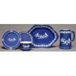 FIVE WEDGWOOD DARK BLUE JASPER DIP PROMOTIONAL WARES FOR CAPERNS OF BRISTOL BIRD SEED MERCHANTS,