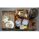 MISCELLANEOUS DECORATIVE CERAMICS AND GLASSWARE, A 19TH C LEATHER FIRE BUCKET, BRASS TELESCOPE,