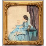 BRITISH NAIVE ARTIST, MID 19TH C, DOUBLE PORTRAIT OF A YOUNG WOMAN WITH A CHILD ON HER LAP BEFORE