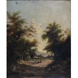ENGLISH SCHOOL 19TH C - WOODED LANDSCAPE WITH FIGURES CONVERSING ON A ROAD, OIL ON CANVAS, 58 X 48.