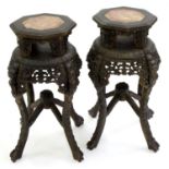 A PAIR OF CHINESE CARVED HARDWOOD  JARDINERE STANDS, C1900, WITH STONE INSET TOP, 70CM H; 35 X