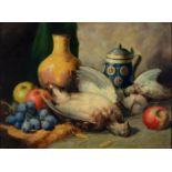 ENGLISH SCHOOL, MID 19TH C - STILL LIFE WITH PARTRIDGE APPLES AND GRAPES, OIL ON ARTIST?S BOARD,