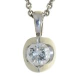 A DIAMOND PENDANT IN 18CT WHITE GOLD, 11MM, IMPORT MARKED, ON A SILVER NECKLET (2) Good condition