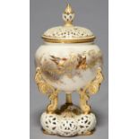 A GRAINGER WORCESTER RETICULATED IVORY GROUND POT POURRI VASE AND COVER, 1892, PAINTED WITH BIRDS ON