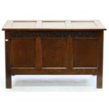 A VICTORIAN OAK THREE PANEL CHEST WITH CARVED FRIEZE, 58CM H; 112 X 50CM Some marks and fading to