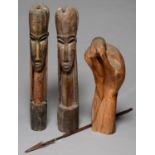 TRIBAL ART. TWO AFRICAN CARVED WOOD HEADS AND A FIGURE, 20TH C, 50-62CM H AND A FISH SPEAR, 19TH