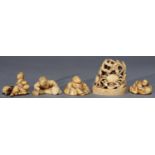 FOUR JAPANESE IVORY NETSUKES AND A SEAL, MEIJI PERIOD, THE SEAL CARVED WITH TWO CRABS, 4.5CM H,
