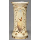 A GRAINGER WORCESTER RETICULATED IVORY GROUND VASE, 1889-90, WAISTED CYLINDRICAL WITH THREE