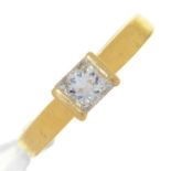 A DIAMOND SOLITAIRE RING, WITH PRINCESS CUT DIAMOND, ON PLAIN 18CT GOLD BAND, 2.8G, SIZE K Good