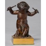 A FRENCH MINIATURE BRONZE STATUETTE OF A MUSICIAN, LATE 19TH C, IN THE FORM OF A SEMI-NAKED CHILD