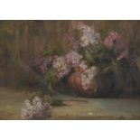 ELLA COATES (1884-1937) - STILL LIFE WITH LILAC, SIGNED (ELLA) AND DATED 1906, OIL ON BOARD, 35.5