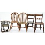 A VICTORIAN CHILD'S YEW WOOD WINDSOR CHAIR, SEAT HEIGHT 30CM H AND THREE OTHER CONTEMPORARY CHAIRS