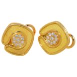 A PAIR OF DIAMOND AND 18CT TWO COLOUR GOLD EARRINGS BY DE VROOMEN, WITH PAVÉ SET CENTRE, CLIP