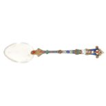 A SILVER GILT AND ENAMEL SPOON WITH ROCK CRYSTAL BOWL, PROBABLY AUSTRO-HUNGARIAN, LATE 19TH C, IN
