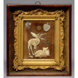 A JAPANESE WOOD PLAQUE, INSET AND APPLIED WITH CARVED BONE AND MOTHER OF PEARL DEER AND LEAVES IN