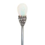 A VICTORIAN STICK PIN WITH ROSE DIAMOND AND OPAL BEAD TERMINAL, TERMINAL 11MM, PLUSH LINED MAROON