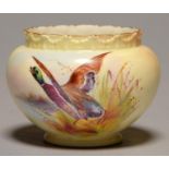A LOCKE & CO WORCESTER MINIATURE JARDINIERE, C1902-14, PAINTED WITH A FLIGHTING MALLARD ON A