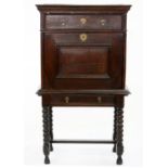 A WILLIAM AND MARY SCRIPTOR, ELEMENTS EARLY 18TH C, THE STAND WITH A DRAWER ON BOBBIN TURNED LEGS,